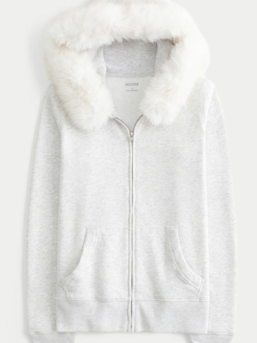 Hollister Light Gray Zip-Up Teddy Hoodie with White Faux-Fur Trim